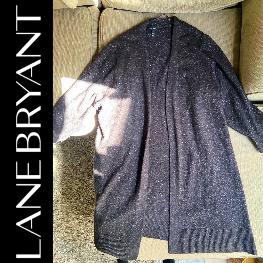 LANE BRYANT SPARKLE METALLIC THREAD BLACK KNIT CARDIGAN LONG SIZE 26 28